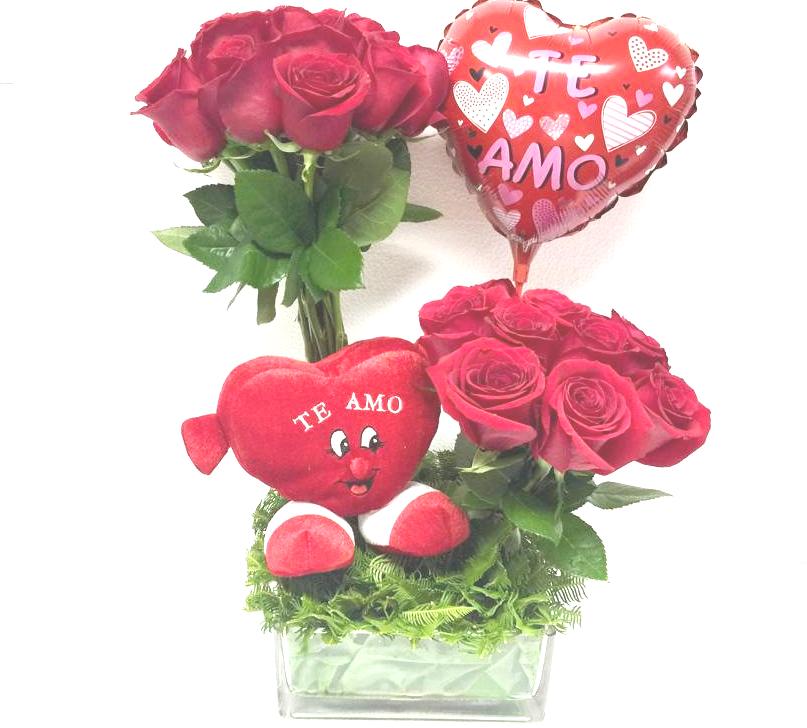 Florero 24 Rosas, Peluche Corazn y Globito